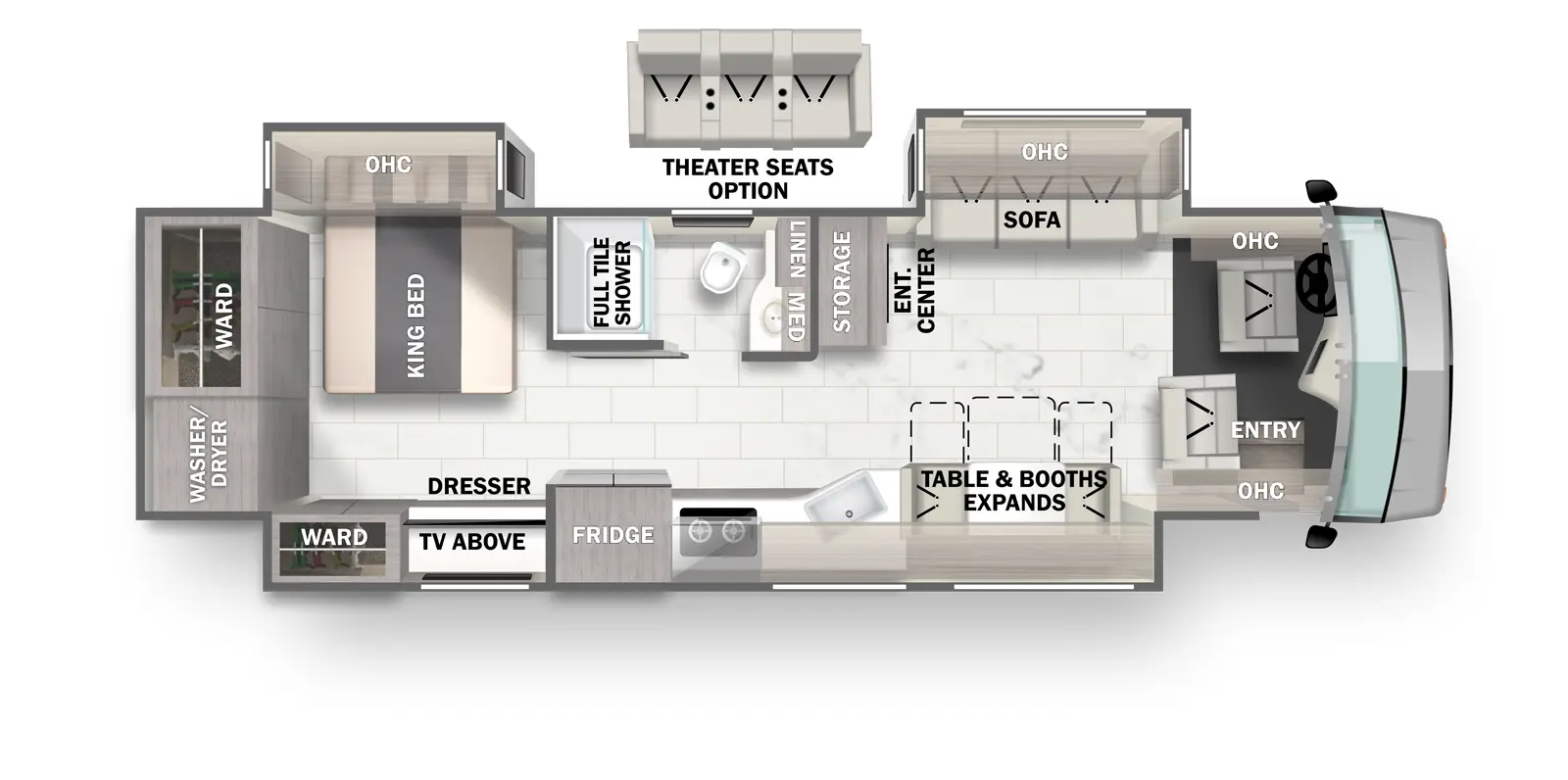 The Charleston 36A floorplan has one entry and four slide outs. Exterior features include: 12' 9" & 18' 6" awning. Interiors features include: rear bathroom.